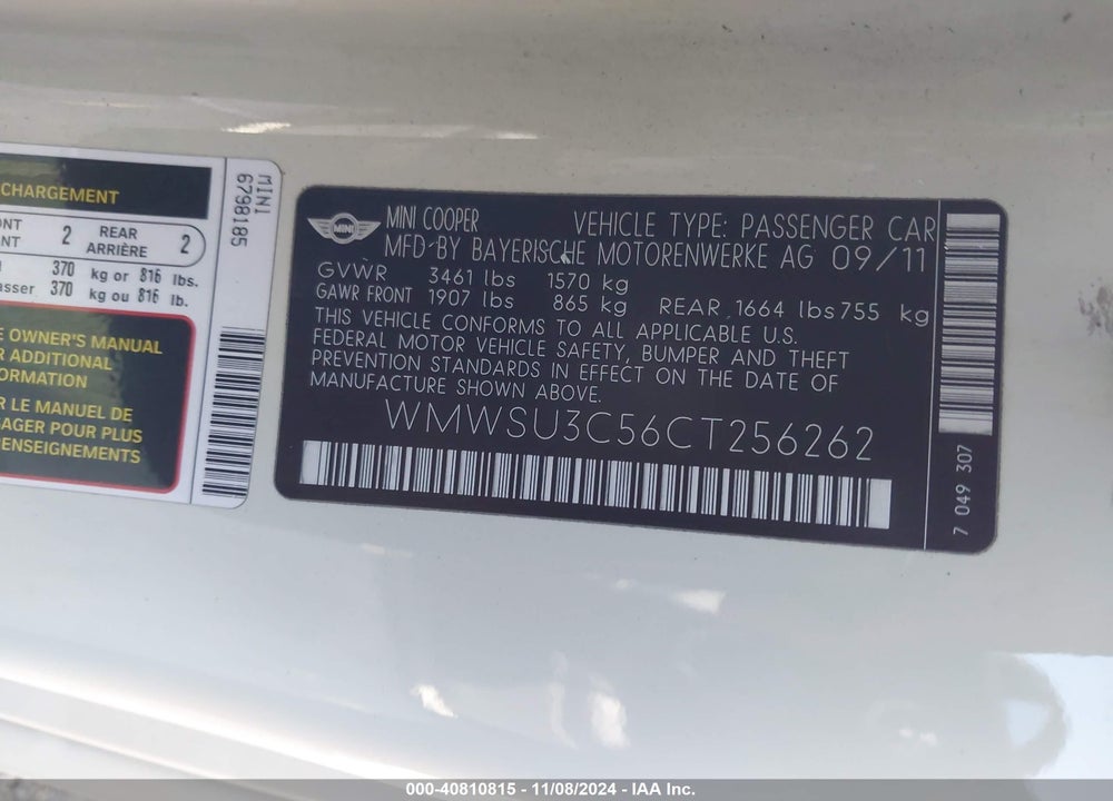 2012 MINI COOPER VIN: WMWSU3C56CT256262