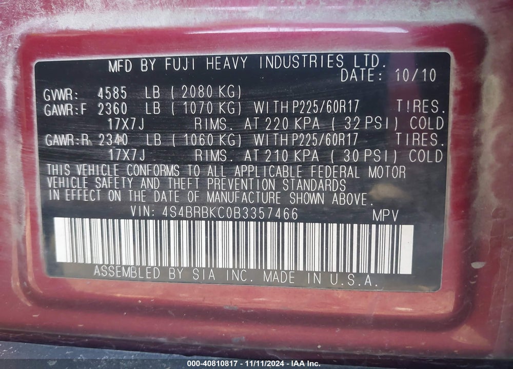 2011 SUBARU OUTBACK 2.5I LIMITED VIN: 4S4BRBKC0B3357466