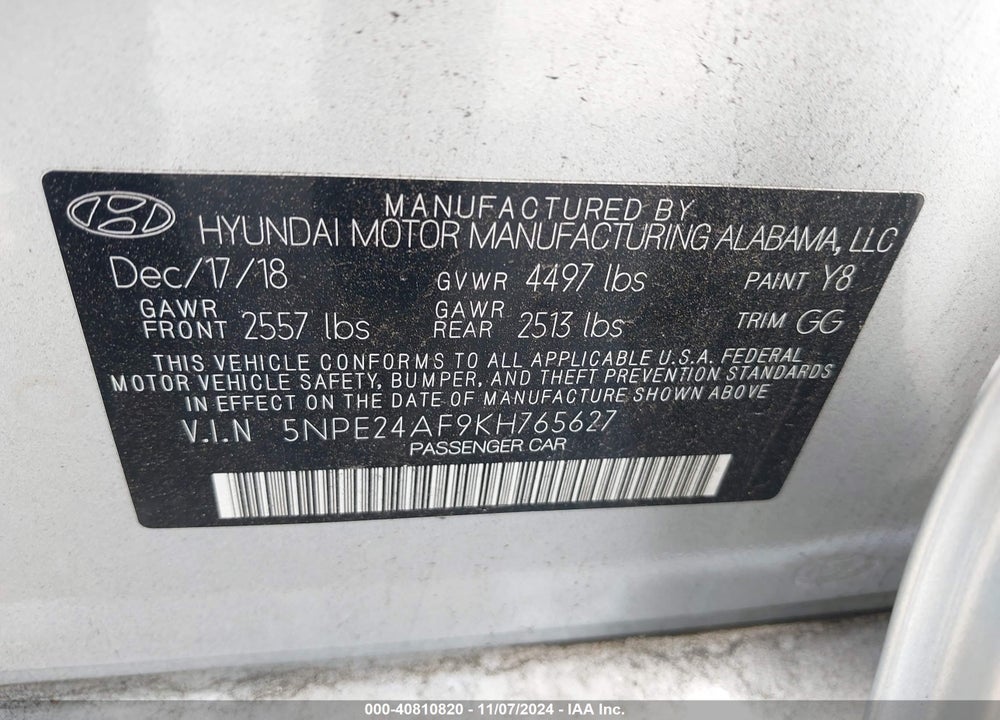 2019 HYUNDAI SONATA SE VIN: 5NPE24AF9KH765627