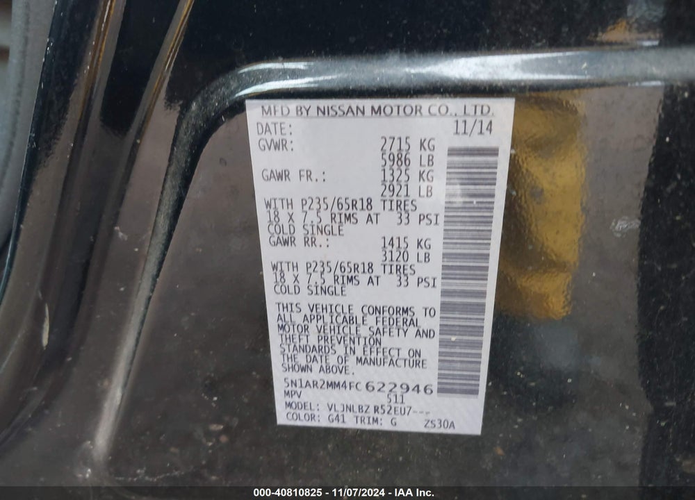 2015 NISSAN PATHFINDER S VIN: 5N1AR2MM4FC622946