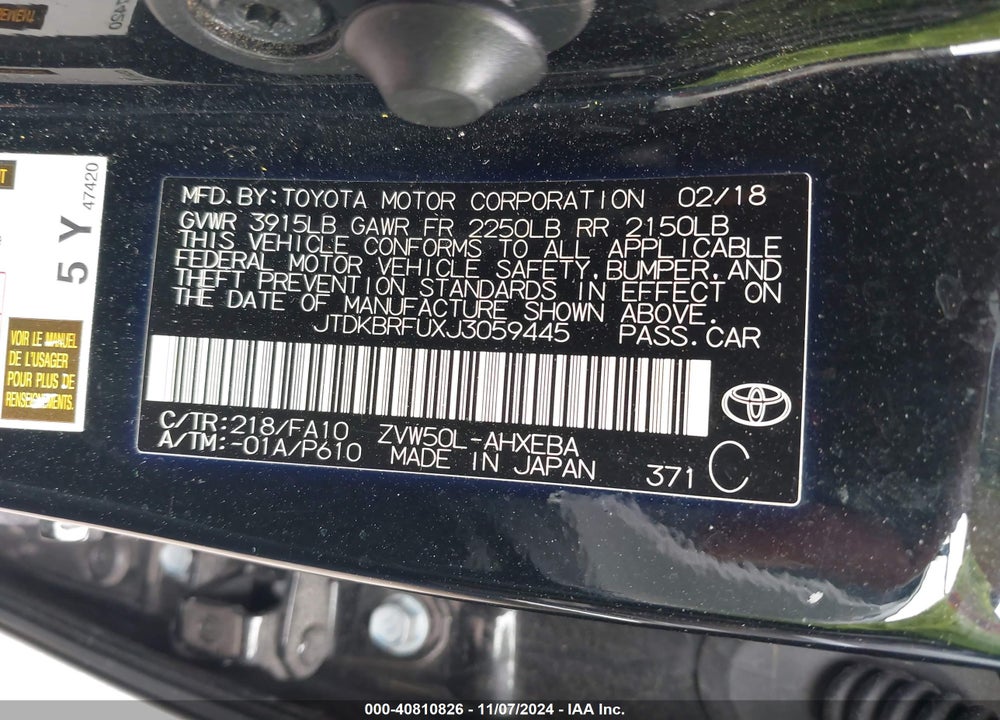 2018 TOYOTA PRIUS TWO VIN: JTDKBRFUXJ3059445
