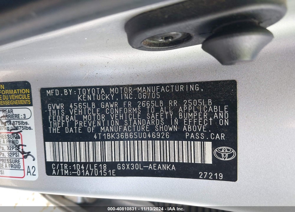2005 TOYOTA AVALON TOURING VIN: 4T1BK36B65U046926
