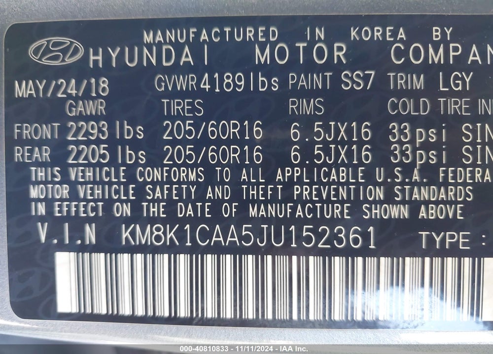 2018 HYUNDAI KONA SE VIN: KM8K1CAA5JU152361