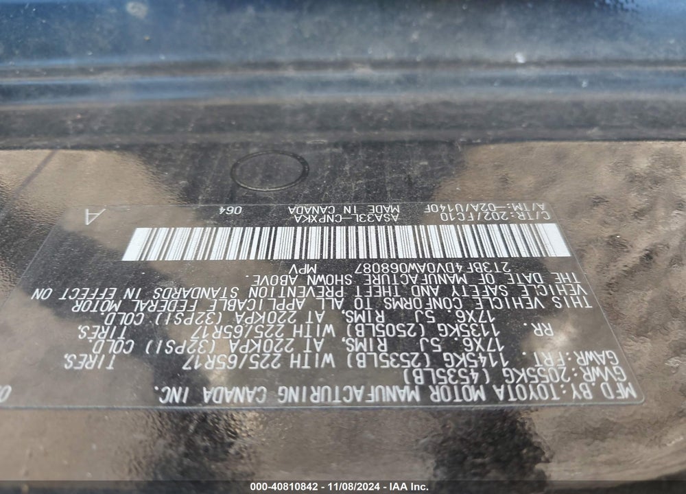 2010 TOYOTA RAV4 VIN: 2T3BF4DV0AW068087