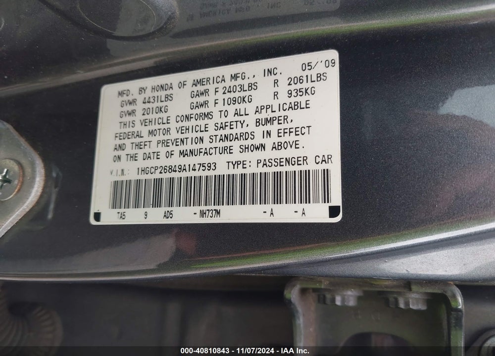 2009 HONDA ACCORD 2.4 EX-L VIN: 1HGCP26849A147593
