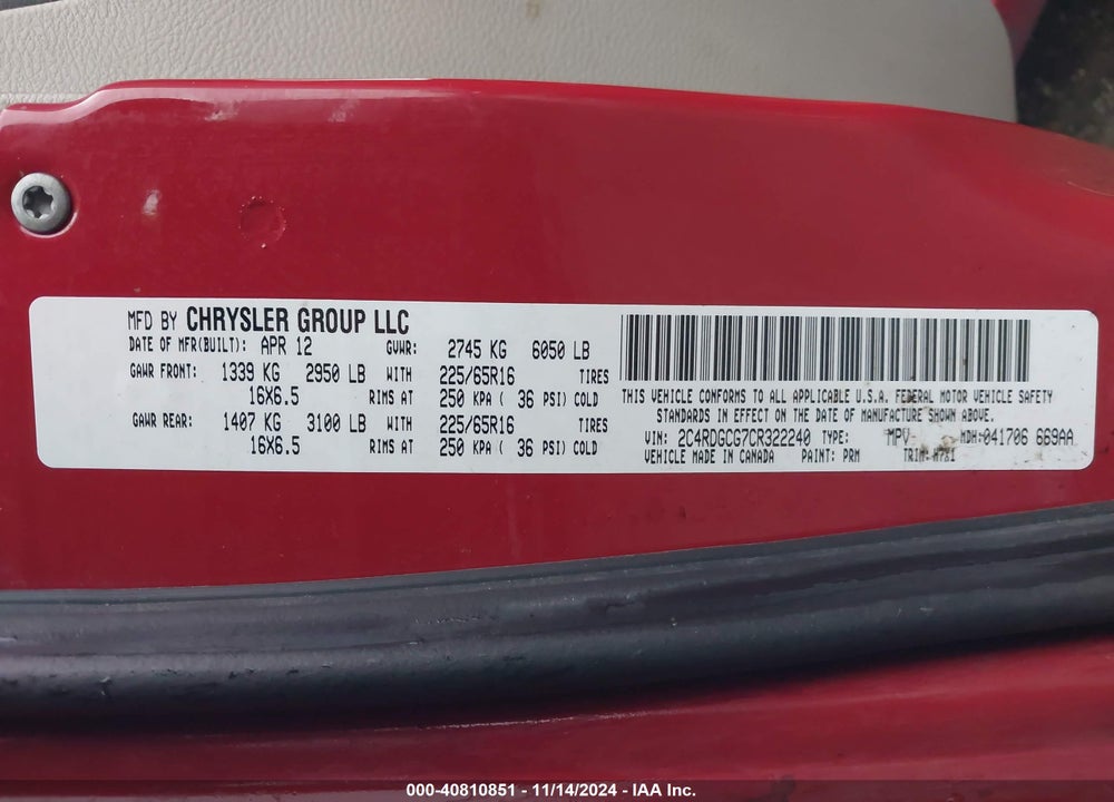 2012 DODGE GRAND CARAVAN SXT VIN: 2C4RDGCG7CR322240