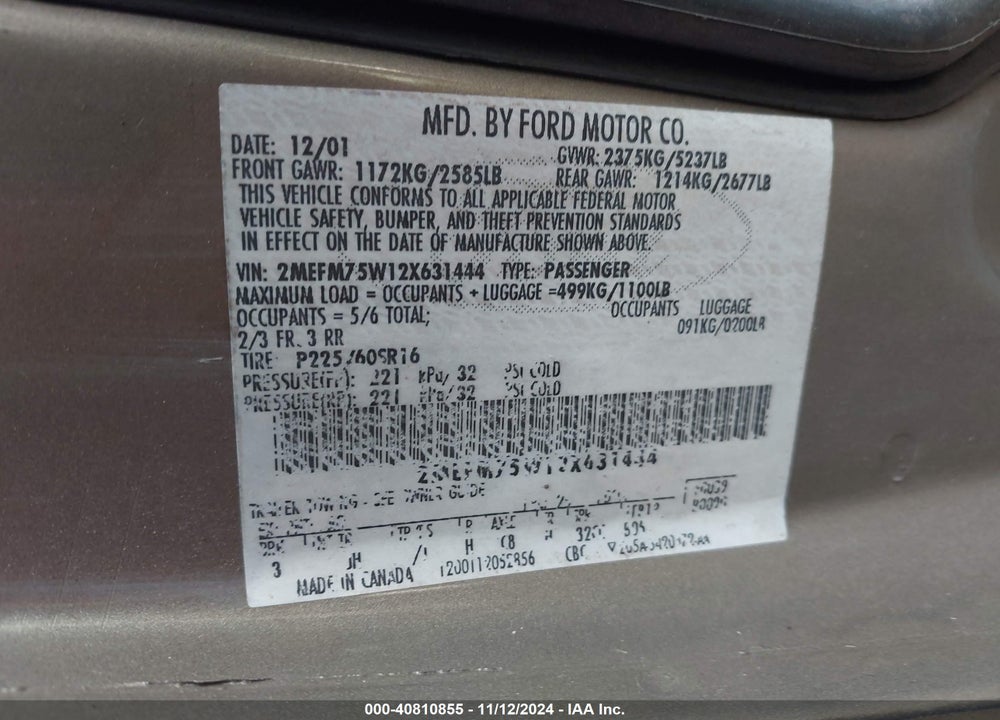 2002 MERCURY GRAND MARQUIS LS VIN: 2MEFM75W12X631444