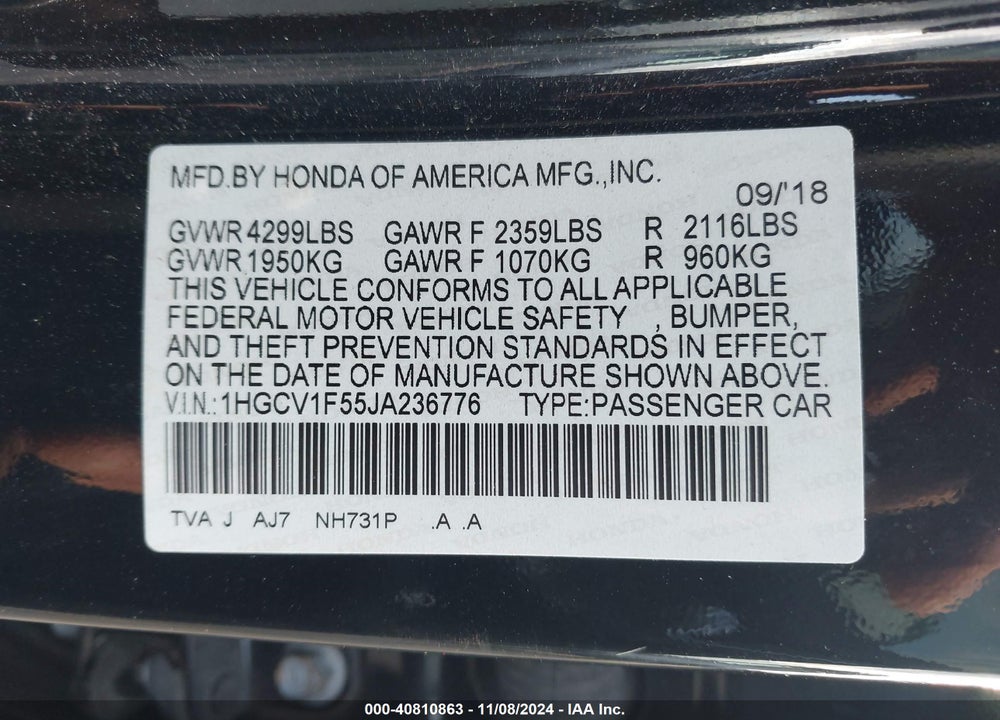2018 HONDA ACCORD EX-L VIN: 1HGCV1F55JA236776