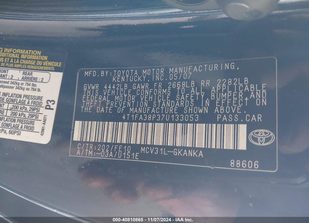 2007 TOYOTA CAMRY SOLARA SE VIN: 4T1FA38P37U133053