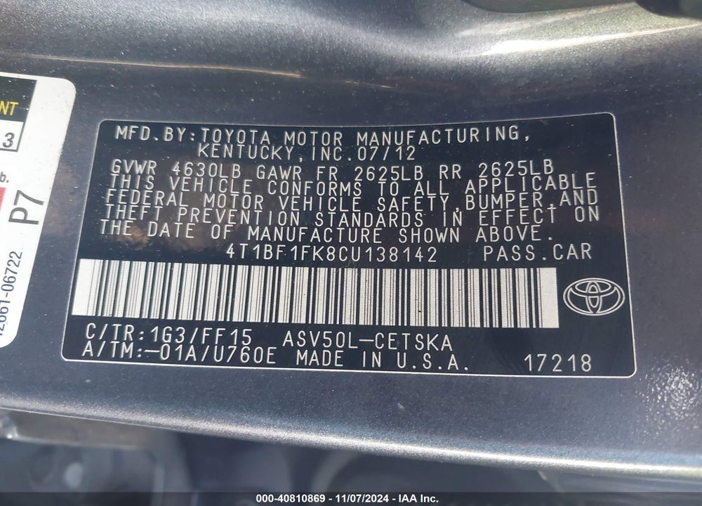 2012 TOYOTA CAMRY SE VIN: 4T1BF1FK8CU138142