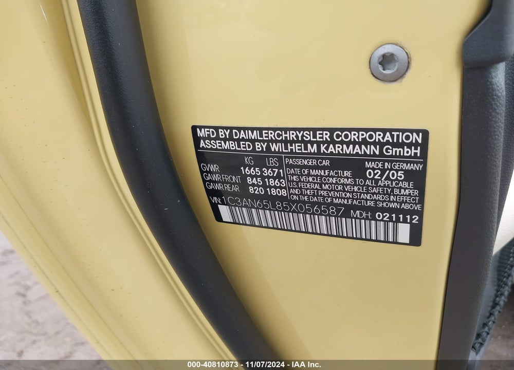 2005 CHRYSLER CROSSFIRE LIMITED VIN: 1C3AN65L85X056587