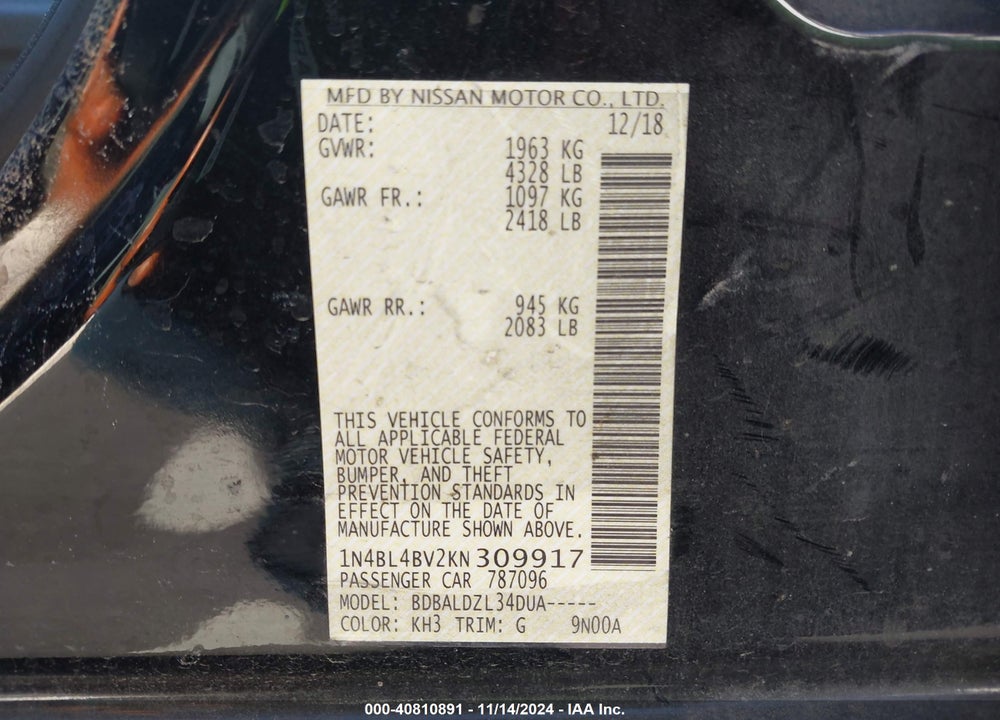 2019 NISSAN ALTIMA VIN: 1N4BL4BV2KN309917