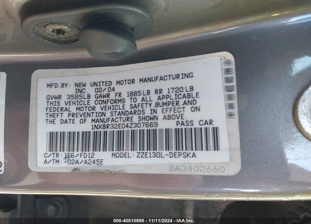 2004 TOYOTA COROLLA S VIN: 1NXBR32E04Z307669