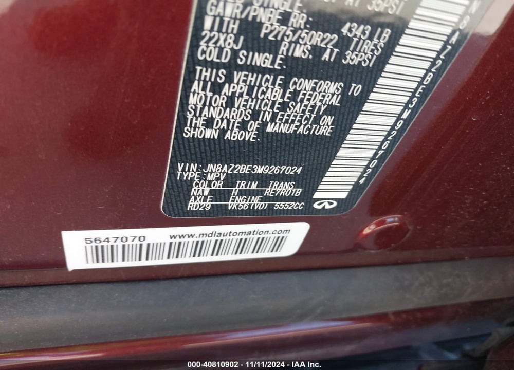 2021 INFINITI QX80 SENSORY AWD VIN: JN8AZ2BE3M9267024