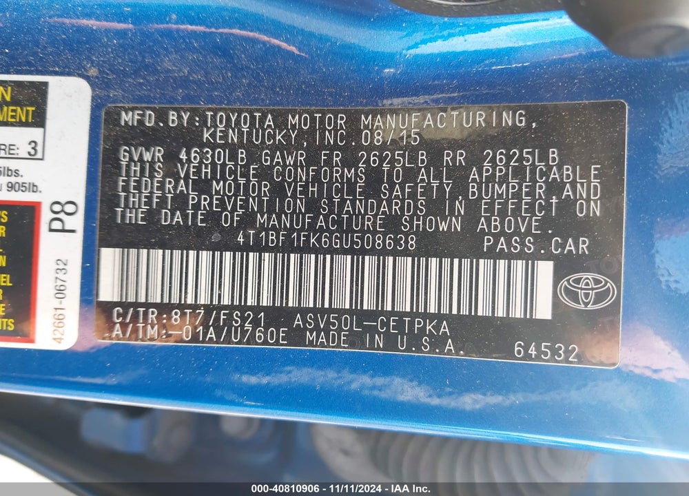2016 TOYOTA CAMRY SE VIN: 4T1BF1FK6GU508638