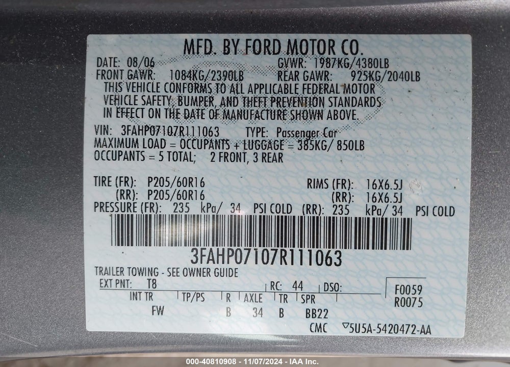 2007 FORD FUSION SE VIN: 3FAHP07107R111063