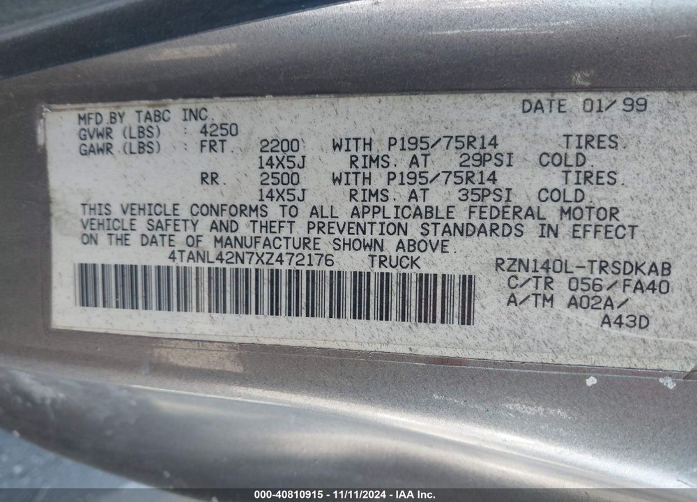 1999 TOYOTA TACOMA VIN: 4TANL42N7XZ472176