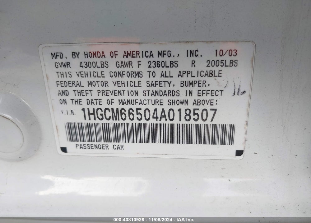 2004 HONDA ACCORD 3.0 EX VIN: 1HGCM66504A018507