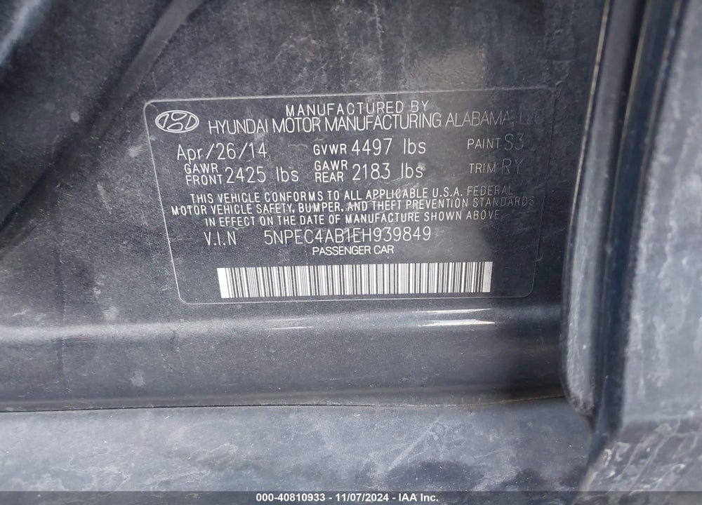 2014 HYUNDAI SONATA SE 2.0T VIN: 5NPEC4AB1EH939849