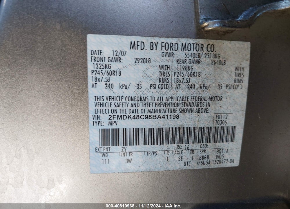 2008 FORD EDGE SEL VIN: 2FMDK48C98BA41198
