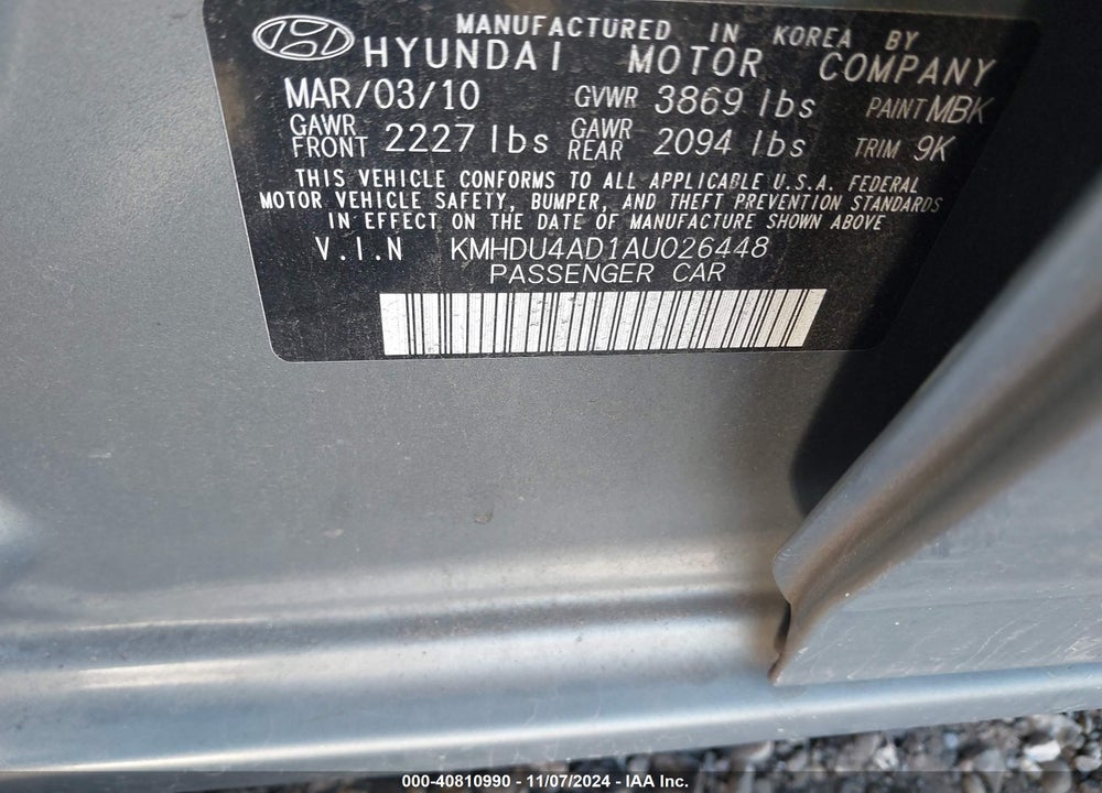2010 HYUNDAI ELANTRA GLS VIN: KMHDU4AD1AU026448