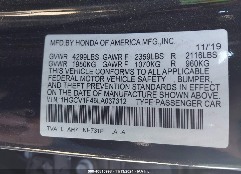 2020 HONDA ACCORD EX VIN: 1HGCV1F46LA037312