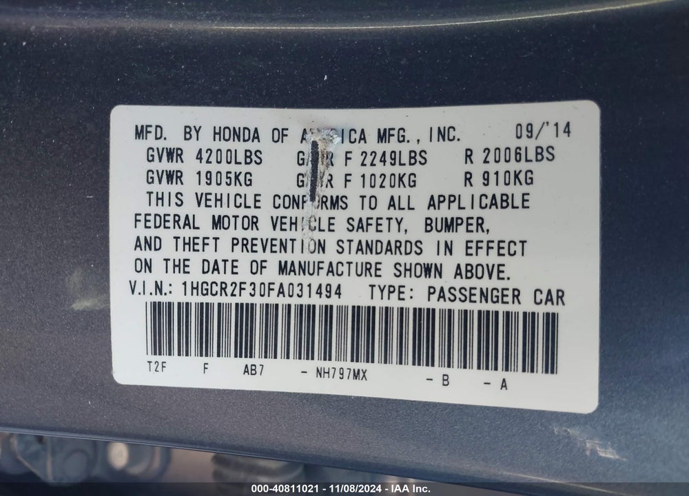 2015 HONDA ACCORD LX VIN: 1HGCR2F30FA031494