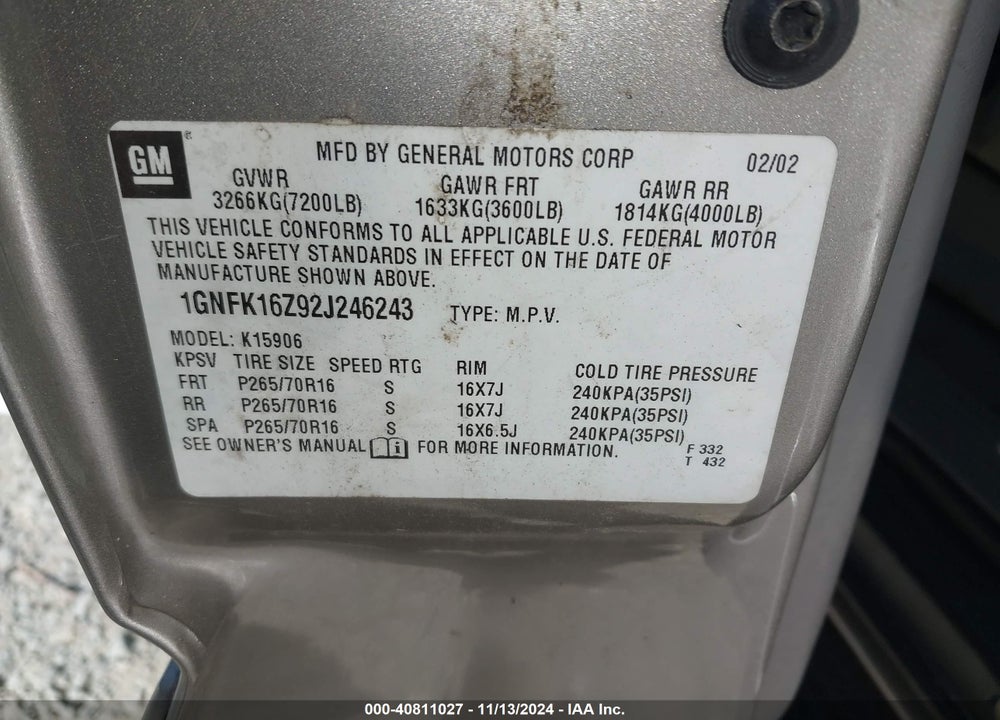 2002 CHEVROLET SUBURBAN 1500 LT VIN: 1GNFK16Z92J246243