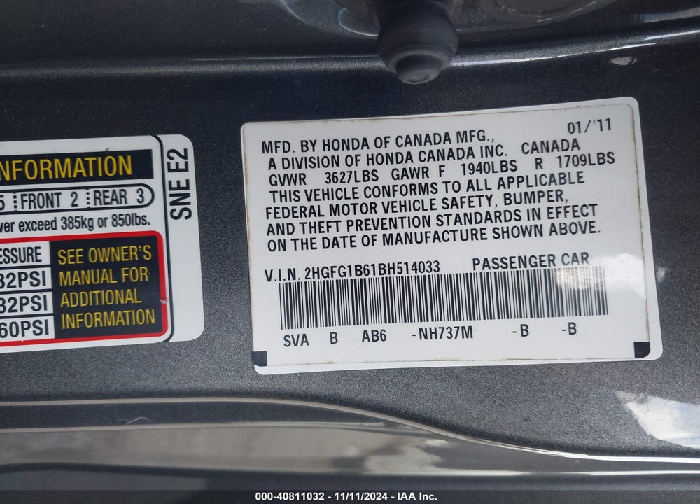 2011 HONDA CIVIC LX VIN: 2HGFG1B61BH514033