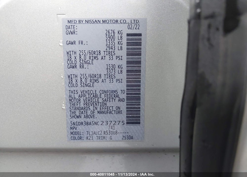 2022 NISSAN PATHFINDER SV 2WD VIN: 5N1DR3BA5NC237275