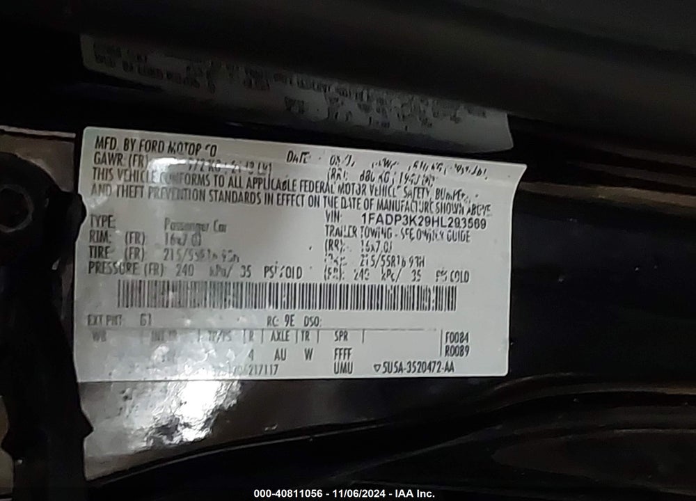 2017 FORD FOCUS SE VIN: 1FADP3K29HL293569