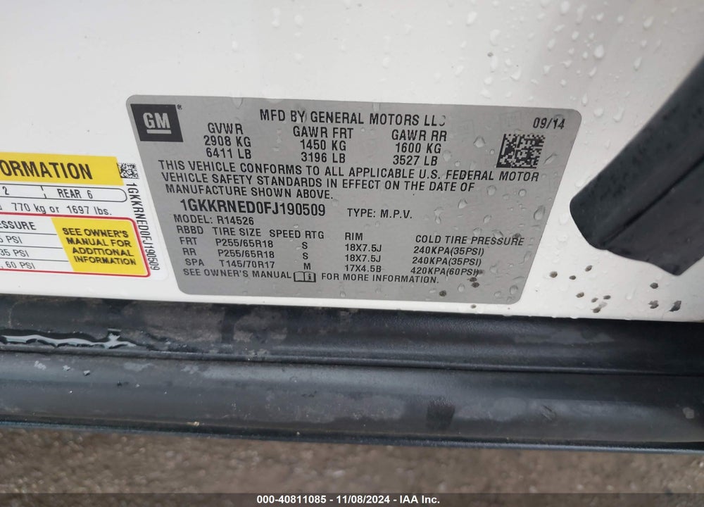 2015 GMC ACADIA SLE-1 VIN: 1GKKRNED0FJ190509