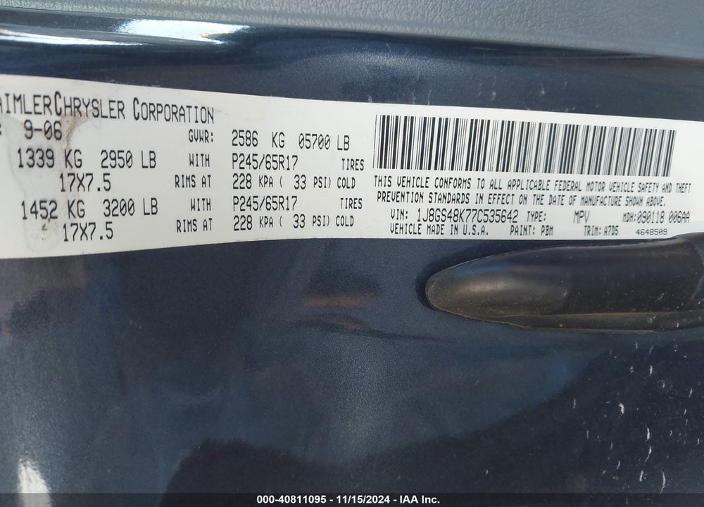 2007 JEEP GRAND CHEROKEE LAREDO VIN: 1J8GS48K77C535642