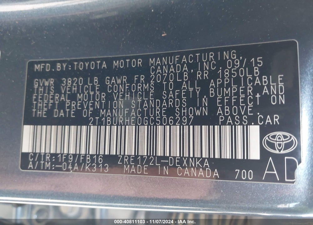 2016 TOYOTA COROLLA LE VIN: 2T1BURHE0GC506297
