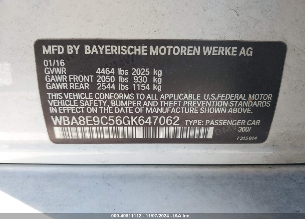 2016 BMW 328I VIN: WBA8E9C56GK647062