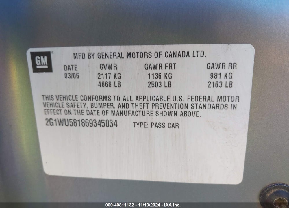 2006 CHEVROLET IMPALA LTZ VIN: 2G1WU581869345034