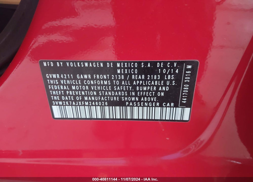2015 VOLKSWAGEN JETTA 2.0L S VIN: 3VW2K7AJXFM246026