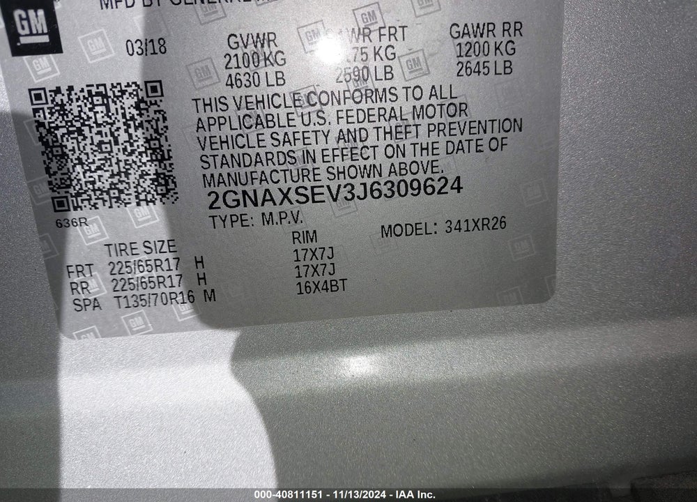 2018 CHEVROLET EQUINOX LT VIN: 2GNAXSEV3J6309624