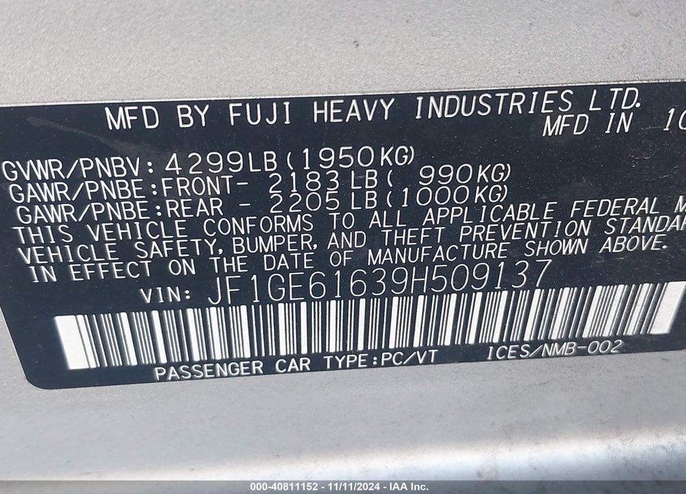 2009 SUBARU IMPREZA 2.5I VIN: JF1GE61639H509137