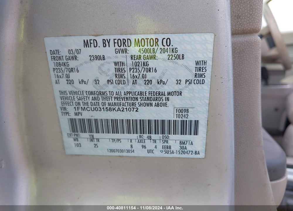 2008 FORD ESCAPE XLT VIN: 1FMCU03158KA21072