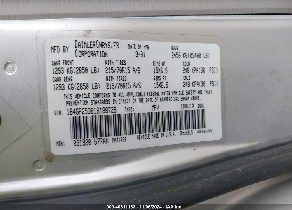 2001 DODGE CARAVAN SE VIN: 1B4GP25381B188729