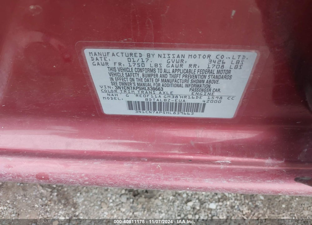 2017 NISSAN VERSA 1.6 SV VIN: 3N1CN7AP5HL839663
