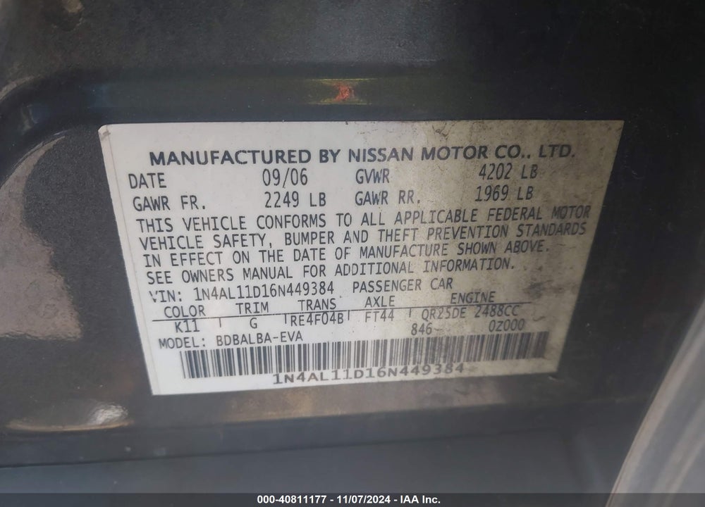 2006 NISSAN ALTIMA 2.5 S VIN: 1N4AL11D16N449384