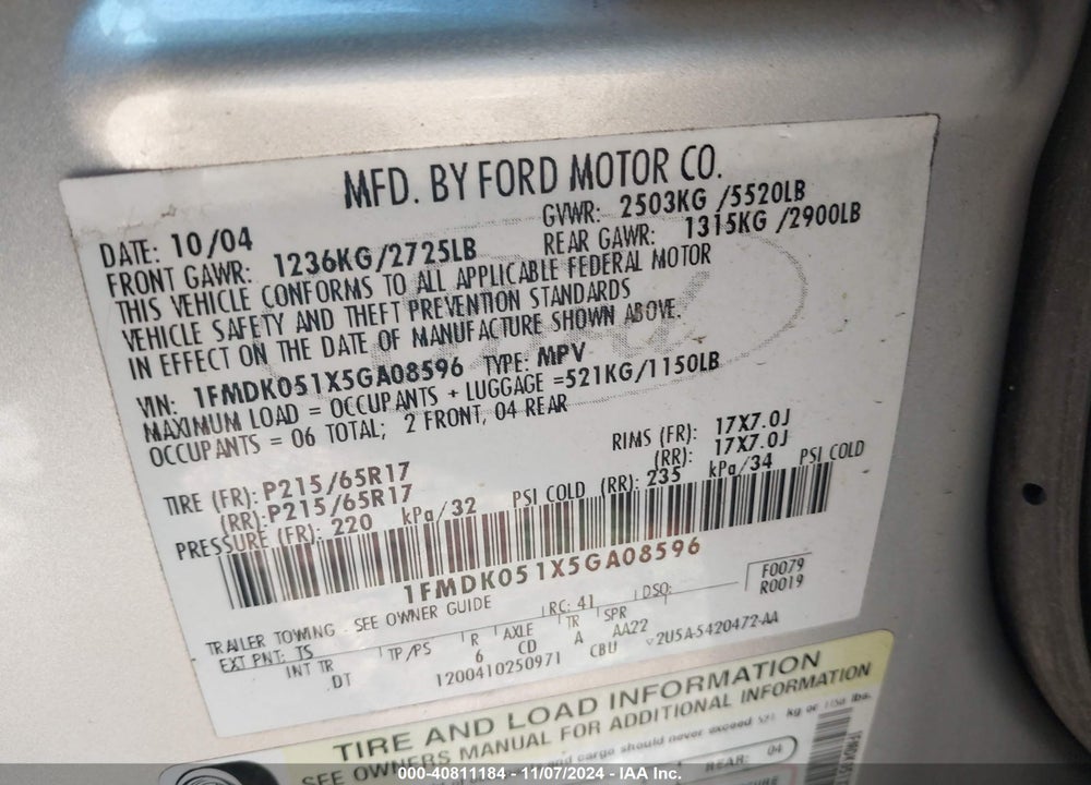 2005 FORD FREESTYLE SEL VIN: 1FMDK051X5GA08596
