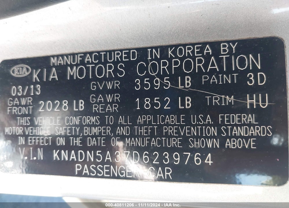 2013 KIA RIO EX VIN: KNADN5A37D6239764