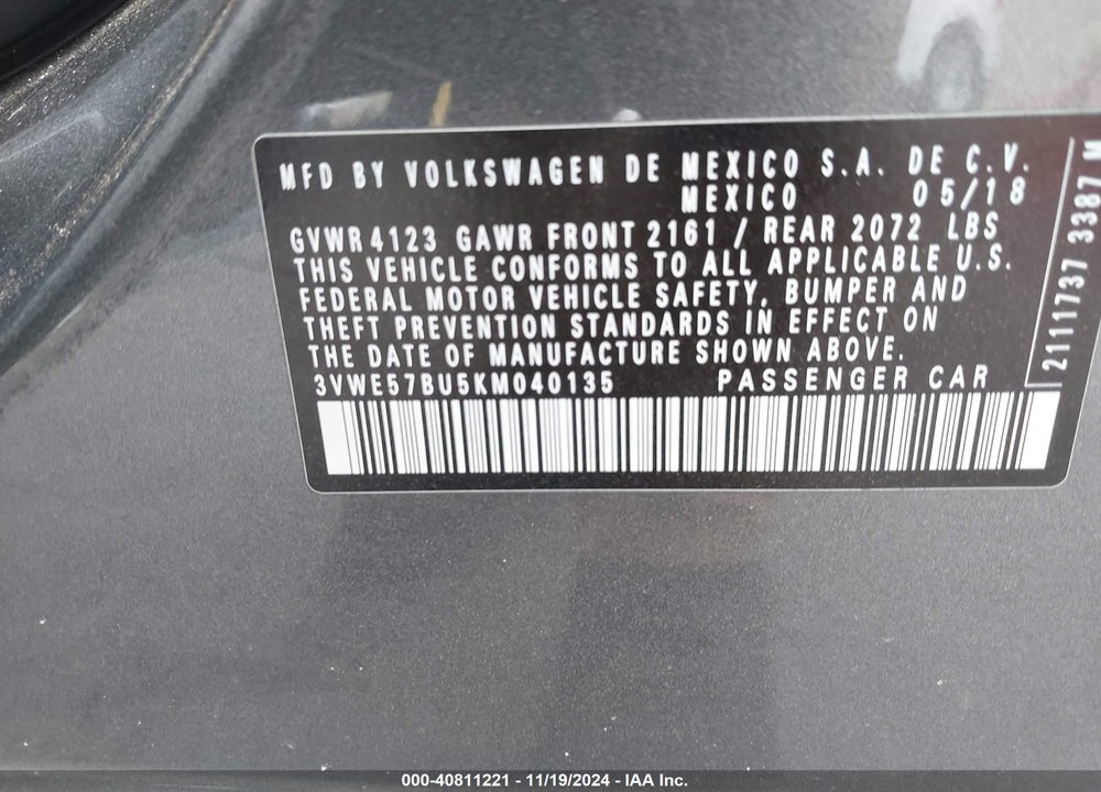 2019 VOLKSWAGEN JETTA 1.4T SEL VIN: 3VWE57BU5KM040135