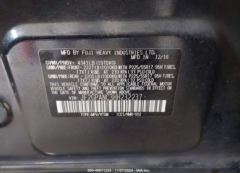 2017 SUBARU CROSSTREK 2.0I LIMITED VIN: JF2GPANC3HH232237