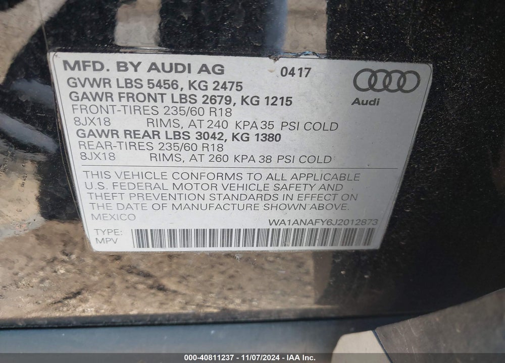 2018 AUDI Q5 2.0T PREMIUM/2.0T TECH PREMIUM VIN: WA1ANAFY6J2012873