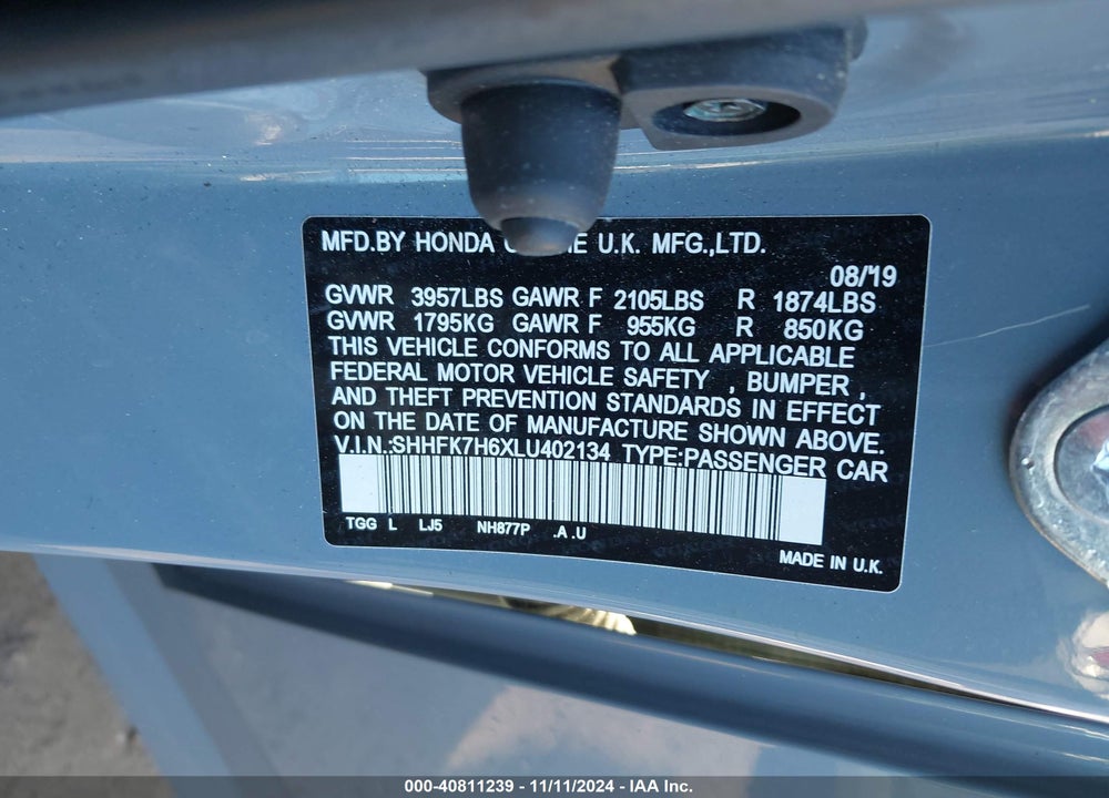 2020 HONDA CIVIC EX VIN: SHHFK7H6XLU402134