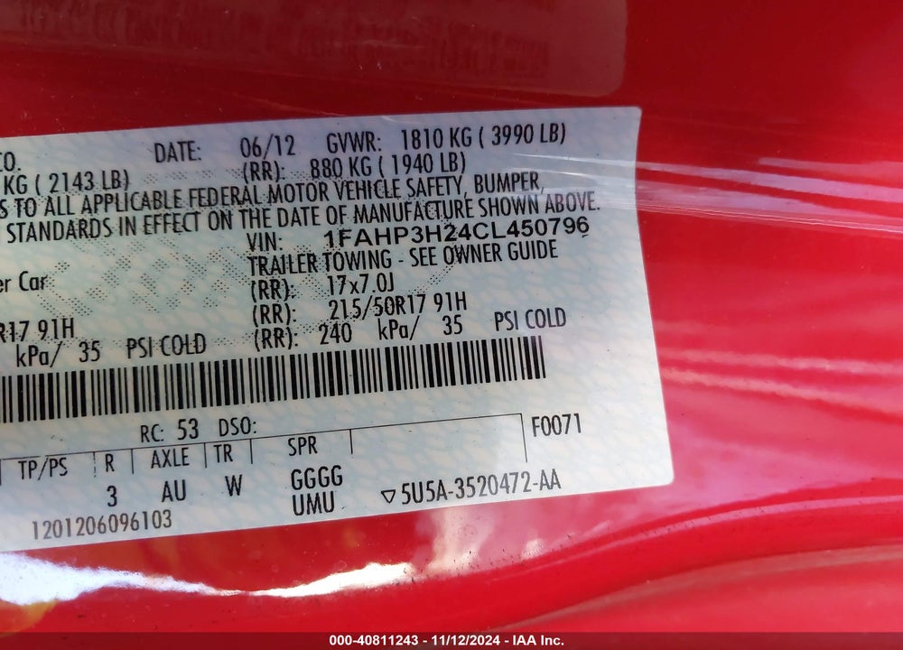 2012 FORD FOCUS SEL VIN: 1FAHP3H24CL450796